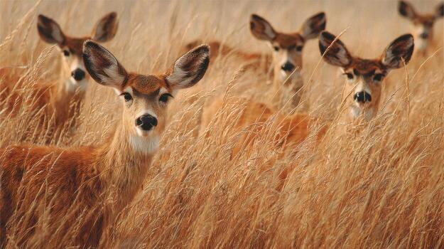 A group of deer are standing in tall grass photo