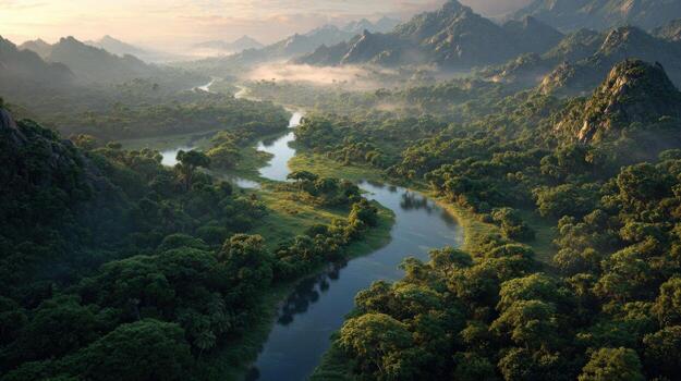 A river runs through a green valley surrounded by mountains photo
