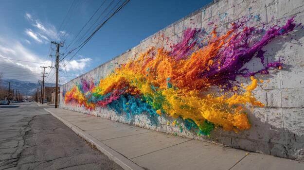 A colorful wall with a rainbow spray paint design photo