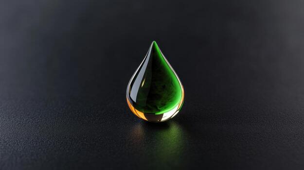 A striking glass droplet sits on a smooth dark surface, showcasing vibrant green and amber shades that catch the light beautifully, emphasizing its elegant shape photo