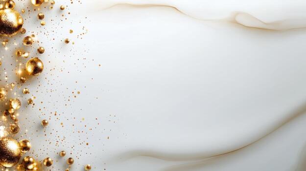 Golden spheres and fine glitter adorn a smooth white background, creating a sense of elegance and celebration suitable for various events. The composition evokes a festive vibe photo