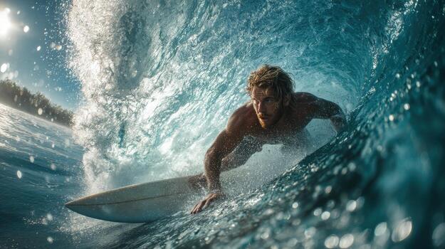 A man is surfing in the ocean, riding a wave photo