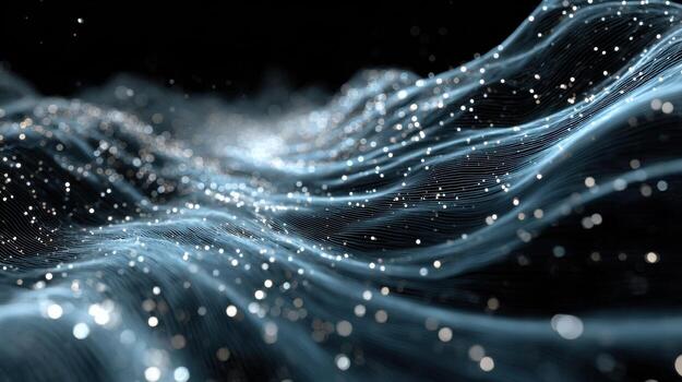 Delicate waves of luminous light ripple across a dark background, creating a mesmerizing effect. Tiny particles sparkle throughout, enhancing the sense of fluid motion in the scene photo