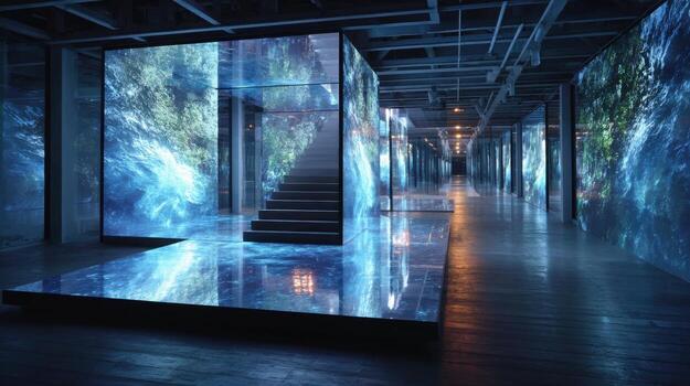 Visitors explore a vast gallery enhanced by vibrant digital projections, showcasing waves and nature on multiple screens. The ambient lighting creates a serene atmosphere photo