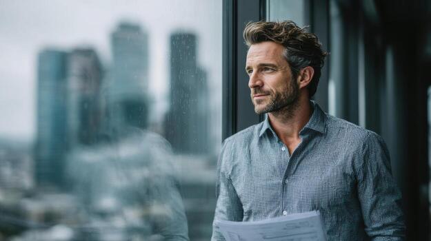 A man in a business suit is looking out a window at the city photo