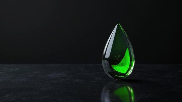 un sorprendentes verde vaso gotita descansa en un suave oscuro superficie, capturar ligero hermosamente. sus elegante forma agrega un artístico tocar, mejorando el ambiente de ninguna espacio foto