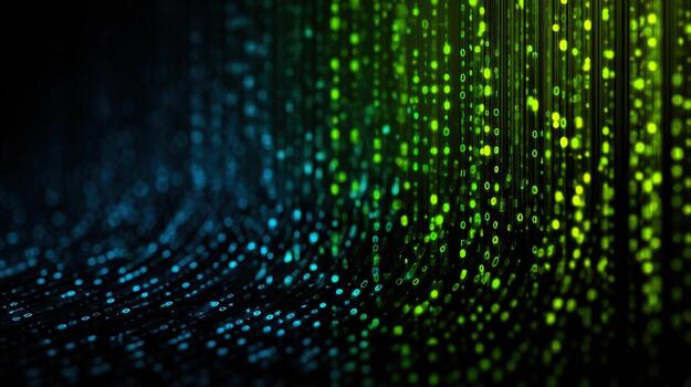 un vibrante monitor de fluido digital lluvia en sombras de verde y azul cascadas a través de un oscuro fondo, creando un fascinante similar a la tecnología efecto ese encanta espectadores foto