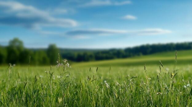 Bright green grass stretches across a vast field, dotted with wildflowers. A clear blue sky showcases fluffy clouds, creating a serene daytime landscape with distant trees framing the horizon photo