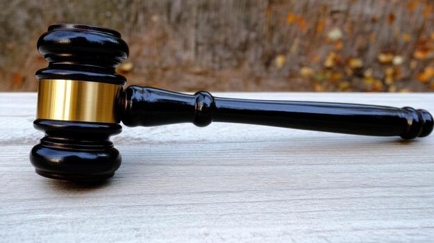 A judge's gavel on a wooden table photo