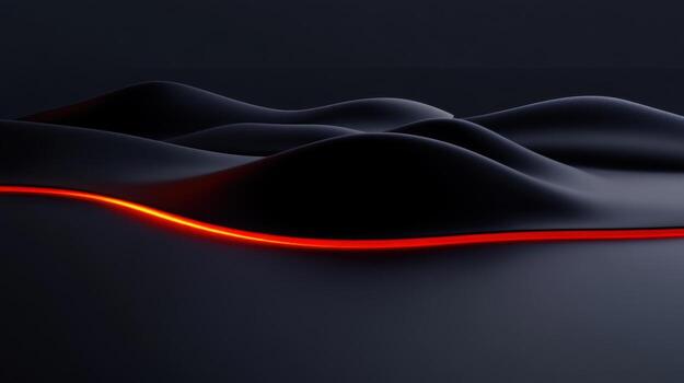 Curved black surfaces form an abstract landscape under dim lighting, accentuated by a vibrant red line that arcs gently across the scene, creating a striking contrast photo