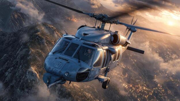 A helicopter is flying over a mountain range with a sunset in the background photo