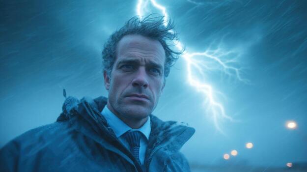 un hombre en un traje es en pie en el lluvia con un relámpago tornillo en el cielo foto