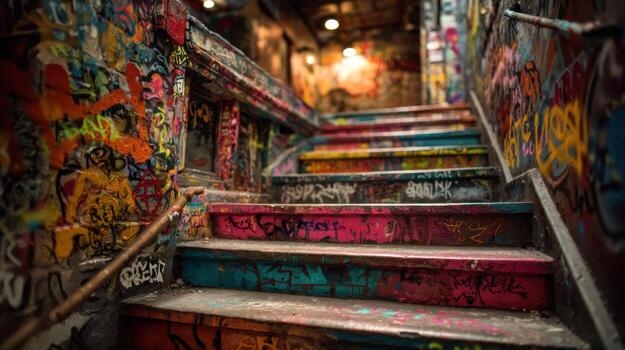 The stairs are covered in graffiti and are colorful photo
