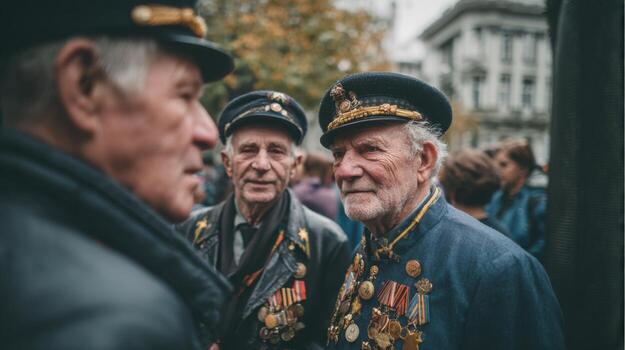 Three men in military uniforms are standing together and talking photo