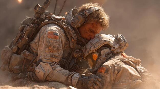 Two soldiers are hugging each other in the desert photo