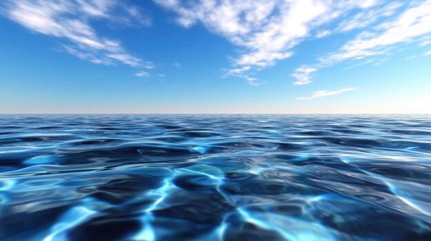 Calm ocean water reflects a stunning blue sky filled with soft clouds. The horizon glows with the warm tones of the setting sun, creating a serene atmosphere photo