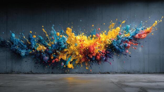 A colorful explosion of paint splatters on a gray wall photo