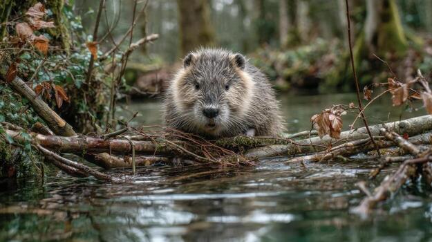 un bebé castor es sentado en un Iniciar sesión en un corriente foto
