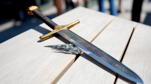 A sword lies on a wooden table, gleaming with intricate designs. The sunlight highlights its sharp blade and decorative hilt in a lively outdoor environment photo