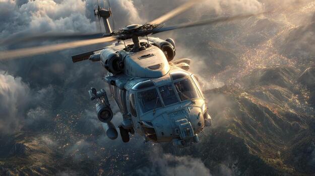 A helicopter is flying in the sky with a city in the background photo