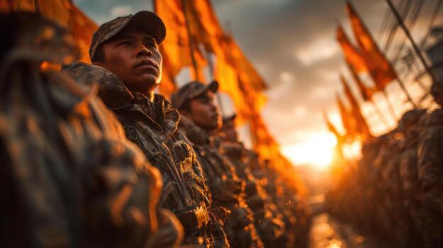 A group of soldiers stand in a line, with the sun setting behind them photo
