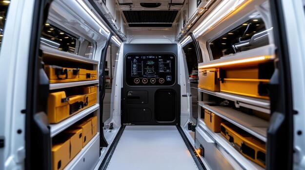 The interior of a van with a large storage area photo