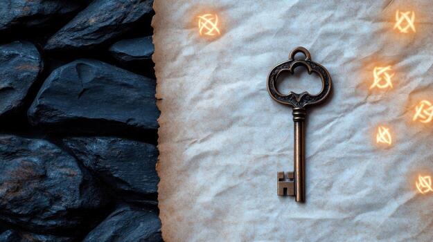 An old key with a golden key on top of a stone wall photo