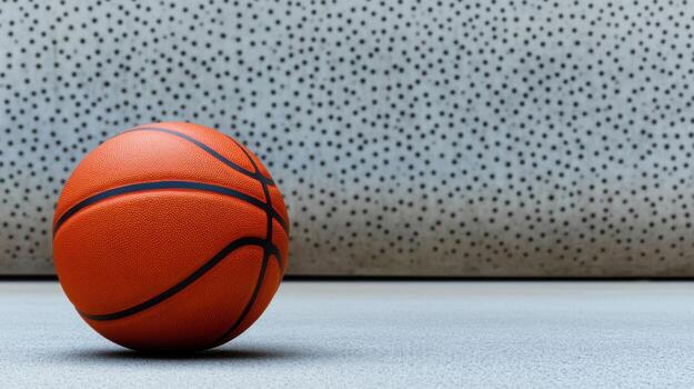A basketball is positioned on a smooth court floor near a patterned wall, highlighting a quiet moment between active play. The setting is an indoor sports facility photo