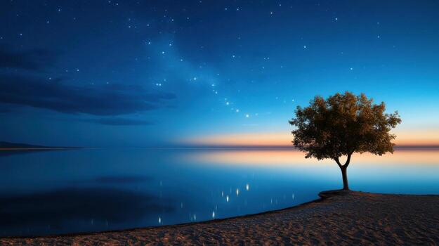 un sereno orilla del lago a crepúsculo caracteristicas un soltero árbol silueta en contra el calmante agua. estrellas centelleo encima como el cielo transiciones desde profundo azul a suave naranja foto