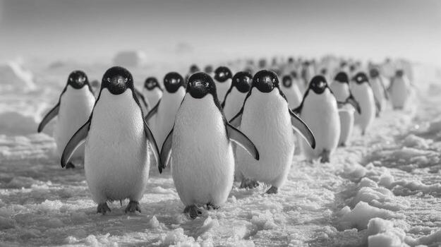 A group of penguins are walking in a line on a snowy surface photo