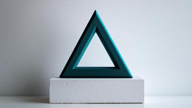 A blue triangle sculpture on a white block photo