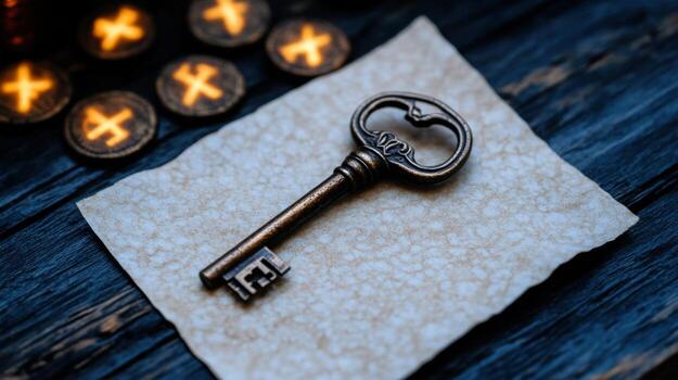 An old key sits on top of a piece of paper photo