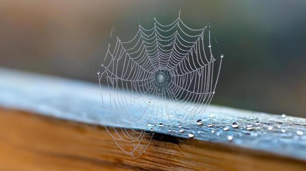 A spider web sits on a wooden railing photo