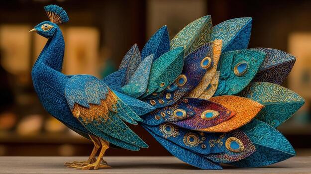 A peacock statue made of paper photo