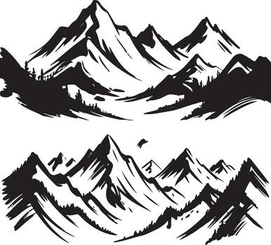 Two mountain ranges with jagged peaks and trees isolated on white background vector