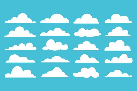 Assortment of White Cloud Shapes on a Bright Blue Background clouds weather vector