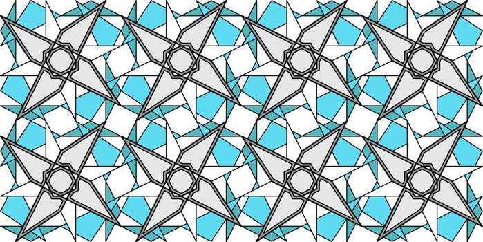 Blue white geometric polygonal seamless pattern. Complicated texture background. Interlaced illusion stars ornament. Stained glass square blocks. Monochrome design for web, textile, wallpaper, etc. vector