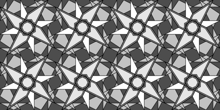 Gray white geometric polygonal seamless pattern. Complicated texture background. Interlaced illusion stars ornament. Patchwork square blocks. Monochrome design for web, textile, stained glass, etc. vector