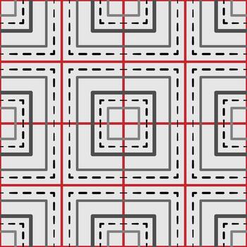 Abstract seamless pattern with black red squared. Mosaic square tile. Geometric grid pattern. Complicated texture background. Clear strict ornament. Minimalist design for wallpaper, textile, etc. vector