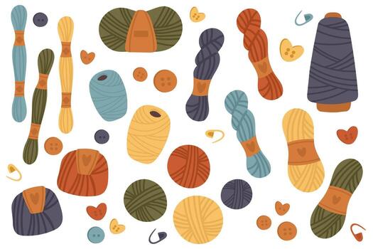 Set with balls and skeins of wool yarn. Buttons. Skein, ball, bobbin. Collection of tools for hobby. vector