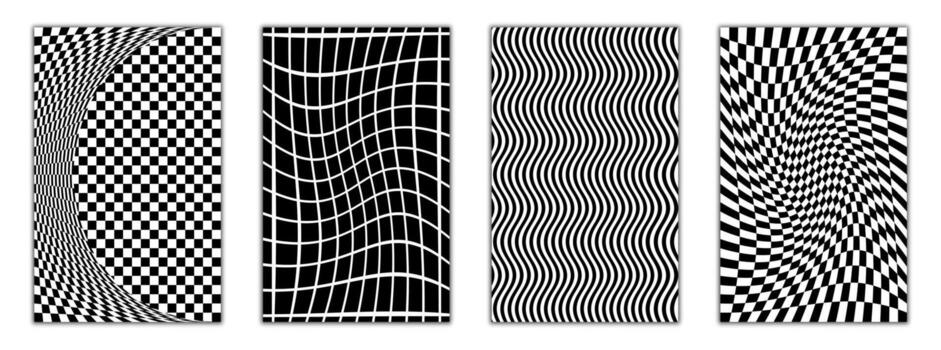 conjunto de fascinante op Arte patrones creando dinámica óptico ilusiones presentando negrita negro y blanco rayas, ondas, y tablero de damas rejillas para futurista y psicodélico diseños, antecedentes vector