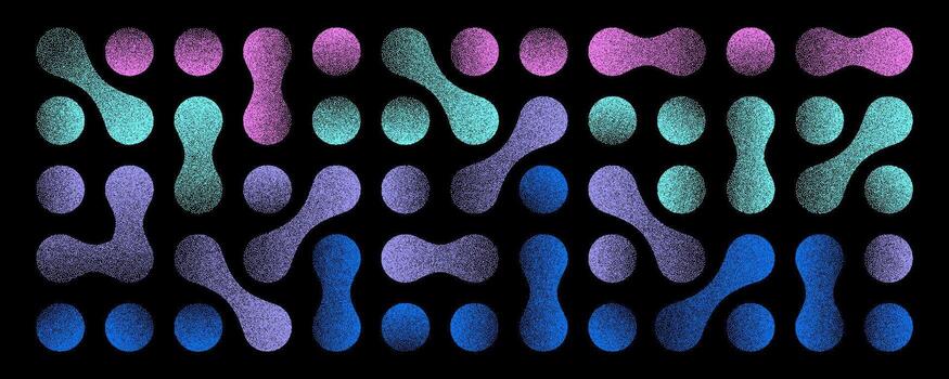 resumen metaball modelo en punteado estilo. vibrante degradado orgánico formas en rosa, púrpura, azul, y verde azulado crear un líquido, conectado diseño en un oscuro antecedentes. vector