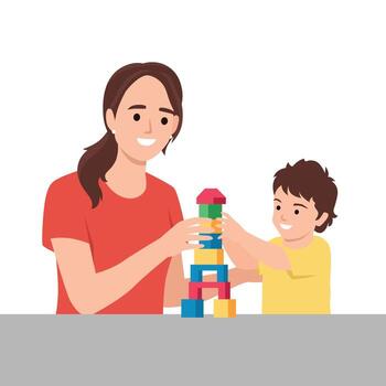 Mother and her son enjoy quality time together, stacking colorful blocks to create a playful tower. vector