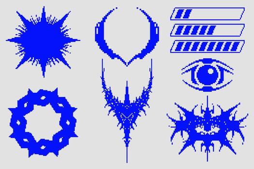 Retrofuturistic cyber pixel art set. Digital symbols, energy bars, a robotic eye, and gothic spiked elements. Perfect for cyberpunk, tech, and Y2K inspired digital designs. vector