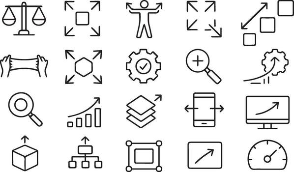 Scalability Line Icon Set Scale, Resize, Expand, Adaptability, Efficiency, Flexibility Outline art Pictogram Collection vector