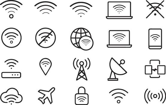Wi-Fi Line Icon Set Wireless Internet, Online, Offline, Router, Hotspot, Signal Strength, Secure Network Outline Pictograms vector