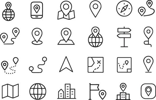 Map Pin Line Icon Set Location, Push Pin, Map Marker, GPS, Route, Flag, Navigation, Geolocation Outline art Collection vector