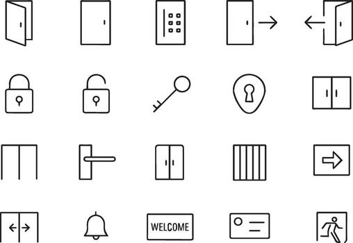 Door Line Icon Set Open, Closed, Smart Door, Enter, Exit, Lock, Key, Security Gate, Access, Outline art Pictograms vector