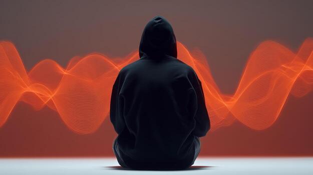 Person in hoodie sits before orange sound waves representing voice recognition and audio generation technology. Digital visualization for speech synthesis, fraud prevention and biometric security. photo