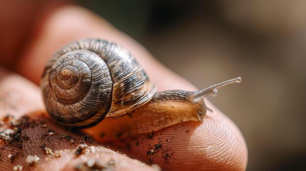 pequeño caracol con a rayas cáscara gateando en humano dedo. de cerca macro ver de gasterópodo molusco con visible tentáculos y espiral modelo. fauna silvestre naturaleza fotografía concepto. foto